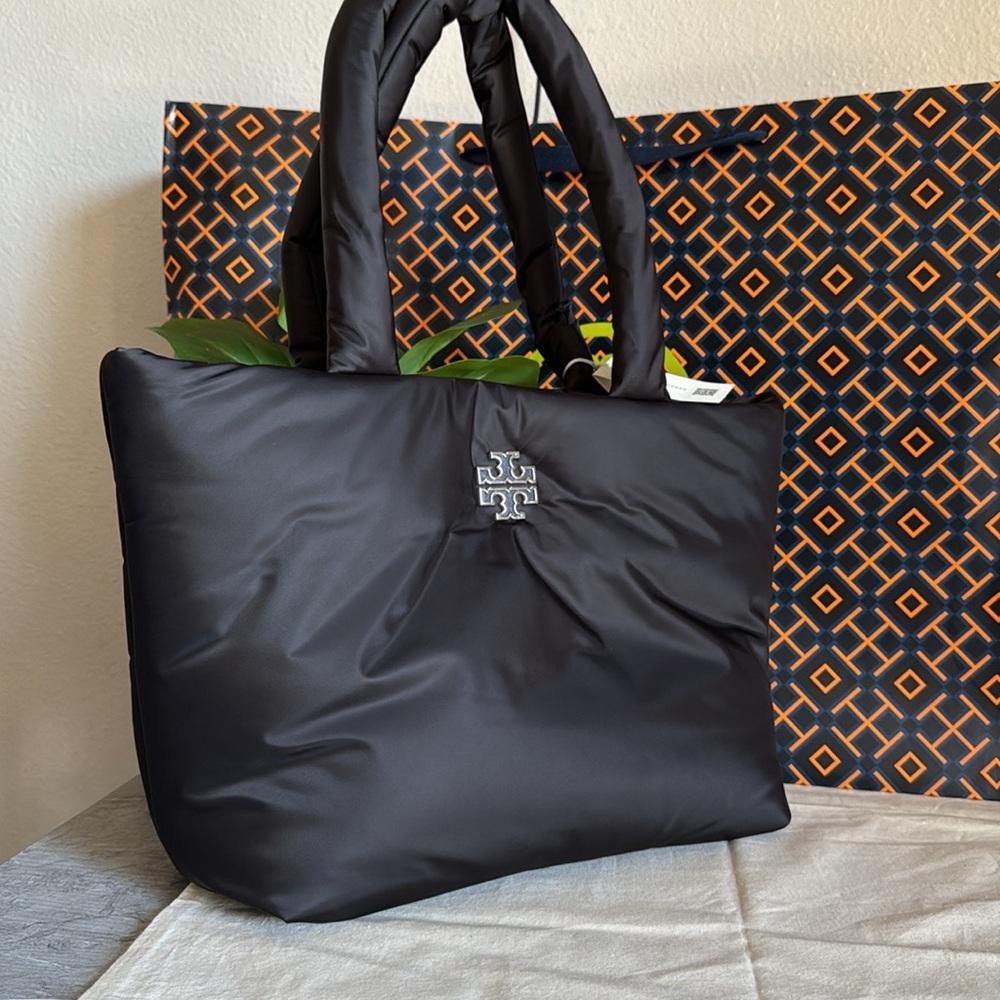 NWT Tory Burch 167626 Britten Nylon Puffy Tote Black Silver Logo Bag